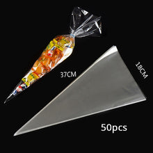 Load image into Gallery viewer, Clear Cone Bags 50pcs Cellophane Triangle Shaped Treat Bags with Gold Twist Ties for Snacks Candy Cookies Popcorn DIY Favors